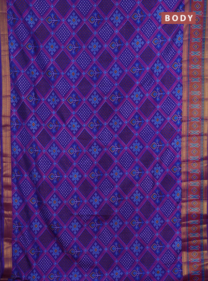 Semi tussar saree blue and pink with allover ikat prints and zari woven border
