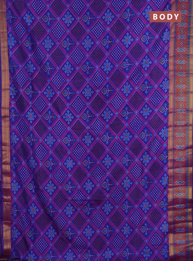 Semi tussar saree blue and pink with allover ikat prints and zari woven border