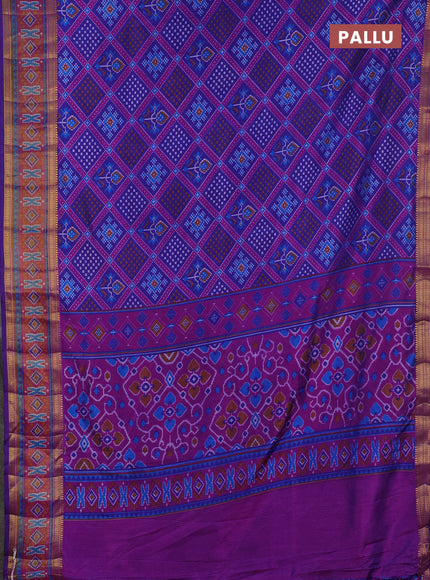 Semi tussar saree blue and pink with allover ikat prints and zari woven border