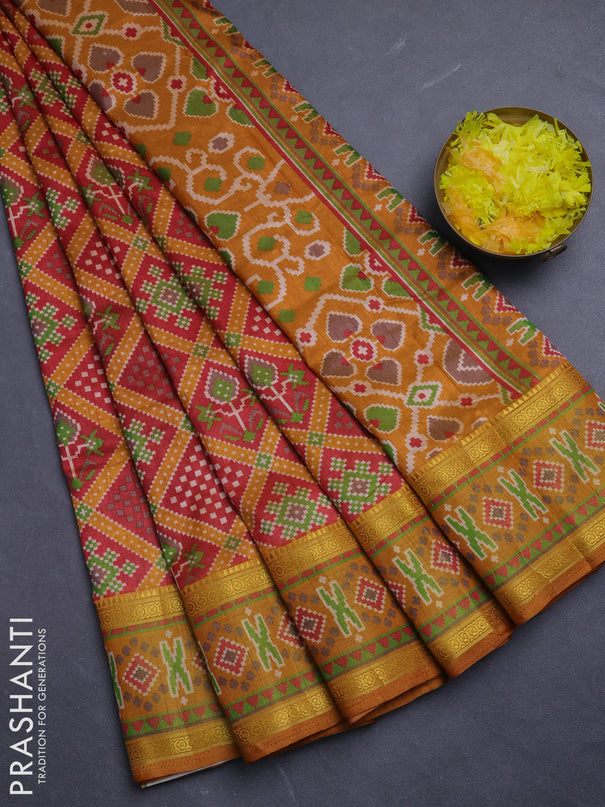 Semi tussar saree maroon and mustard yellow with allover ikat prints and zari woven border