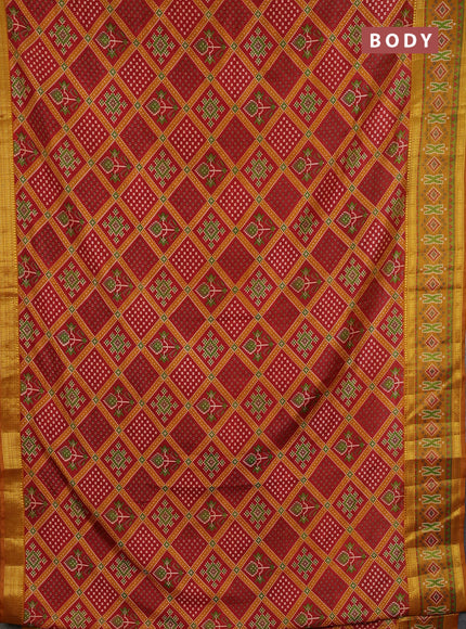 Semi tussar saree maroon and mustard yellow with allover ikat prints and zari woven border