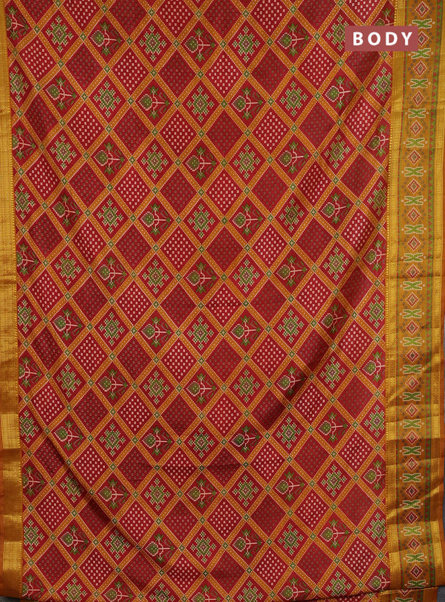 Semi tussar saree maroon and mustard yellow with allover ikat prints and zari woven border