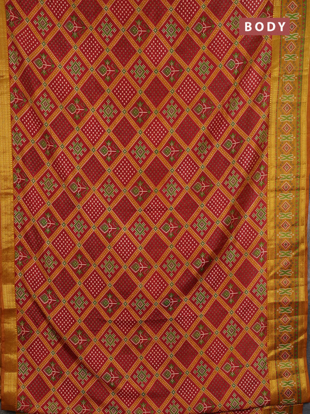 Semi tussar saree maroon and mustard yellow with allover ikat prints and zari woven border