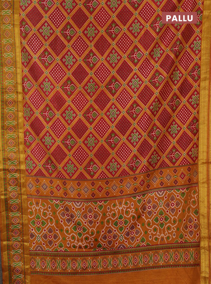 Semi tussar saree maroon and mustard yellow with allover ikat prints and zari woven border
