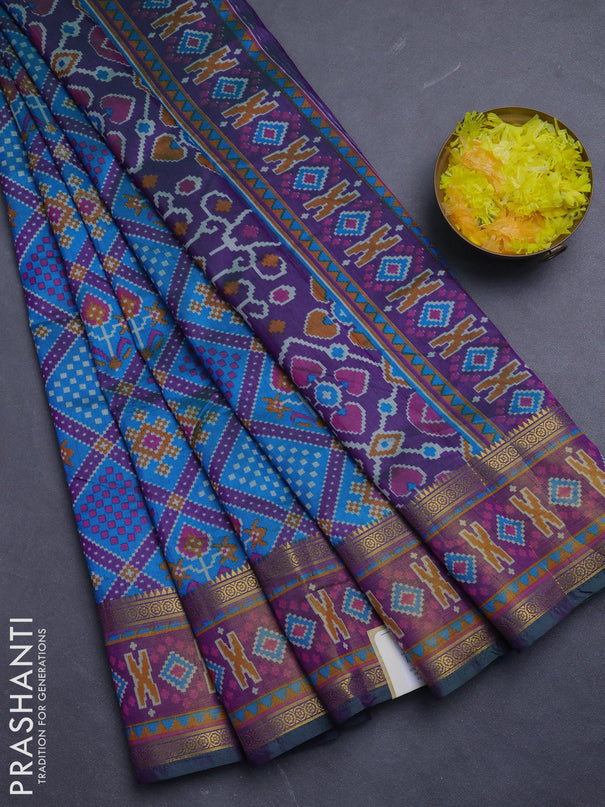 Semi tussar saree dual shade of greeinsh blue and purple with allover ikat prints and zari woven border
