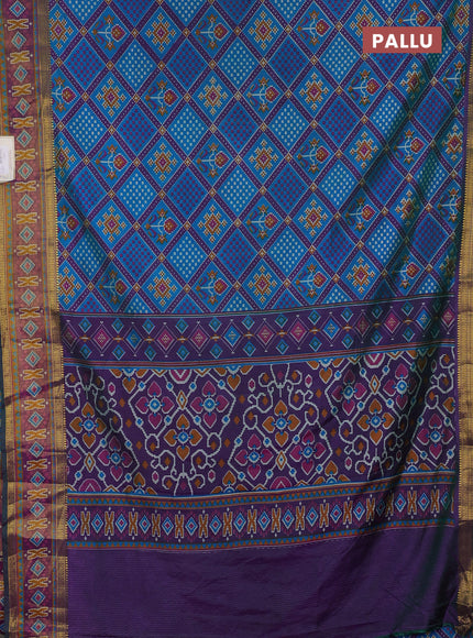 Semi tussar saree dual shade of greeinsh blue and purple with allover ikat prints and zari woven border
