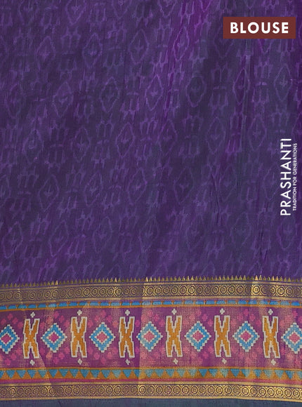 Semi tussar saree dual shade of greeinsh blue and purple with allover ikat prints and zari woven border