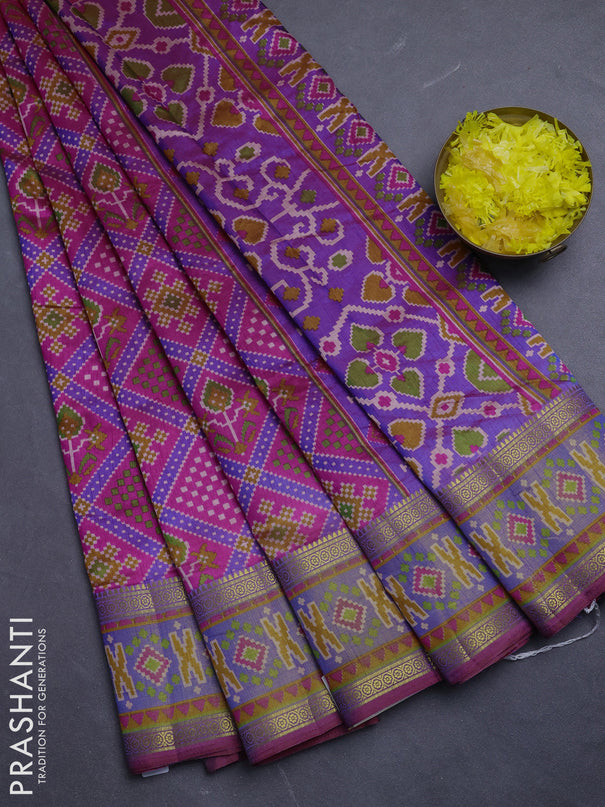 Semi tussar saree dark pink and blue with allover ikat prints and zari woven border