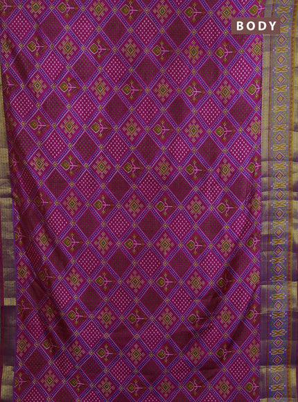 Semi tussar saree dark pink and blue with allover ikat prints and zari woven border