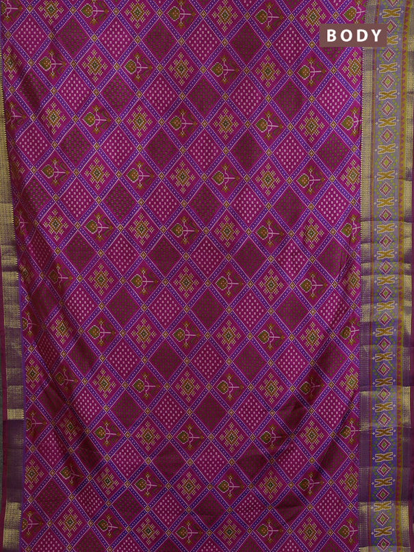 Semi tussar saree dark pink and blue with allover ikat prints and zari woven border