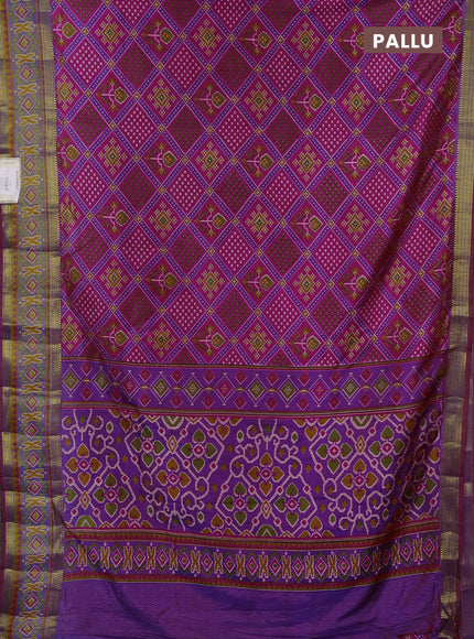 Semi tussar saree dark pink and blue with allover ikat prints and zari woven border