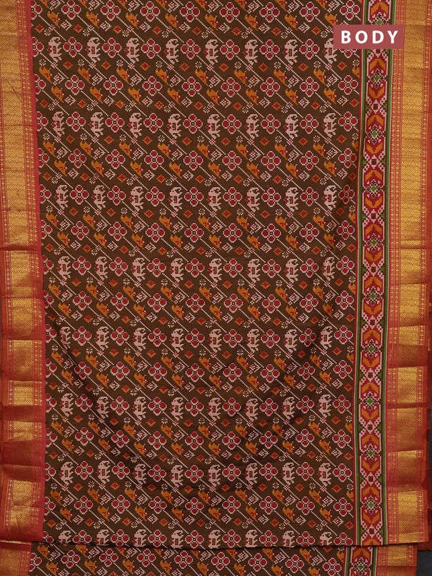 Semi tussar saree mehendi green and rust shade with allover patola prints and zari woven border