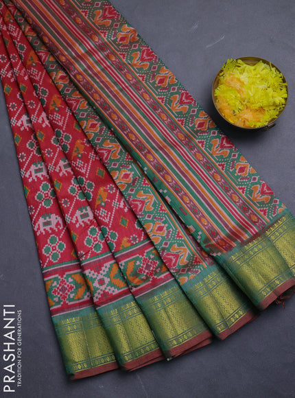 Semi tussar saree maroon and green with allover patola prints and zari woven border
