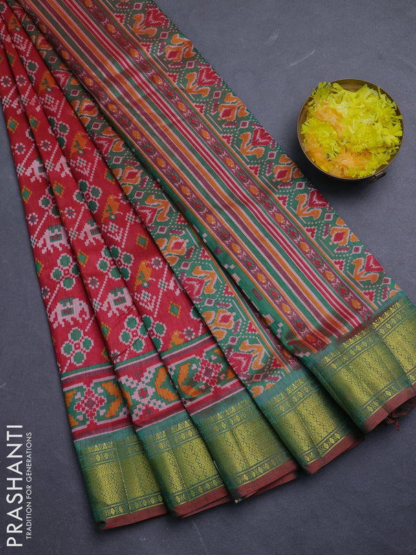 Semi tussar saree maroon and green with allover patola prints and zari woven border