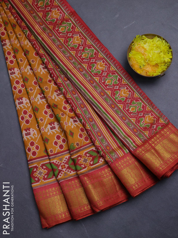 Semi tussar saree mustard yellow and maroon with allover patola prints and zari woven border