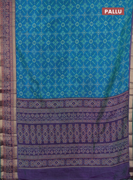 Semi tussar saree dual shade of greeinsh blue and purple with allover ikat prints and ikat zari woven border