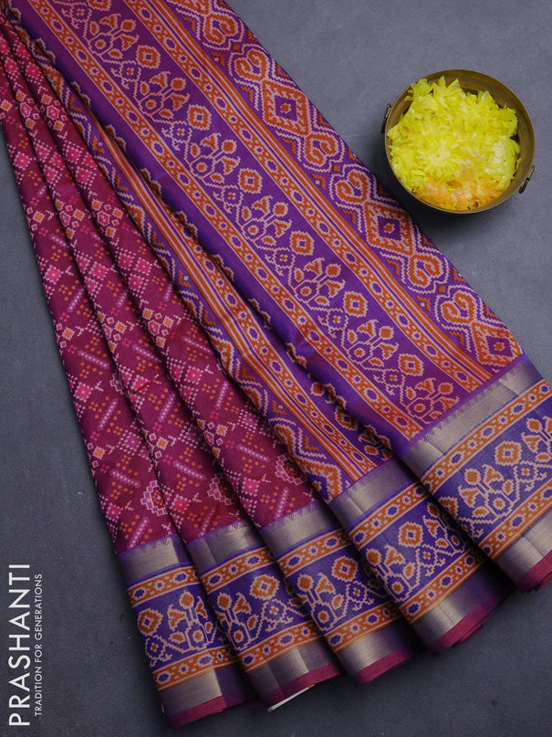 Semi tussar saree deep wine and blue with allover ikat prints and ikat zari woven border