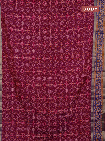 Semi tussar saree deep wine and blue with allover ikat prints and ikat zari woven border