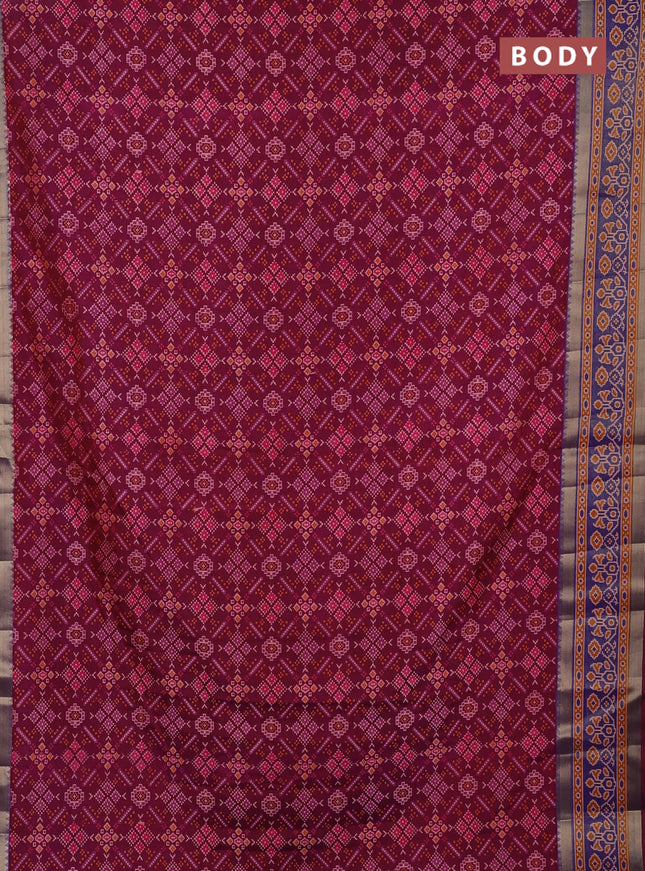 Semi tussar saree deep wine and blue with allover ikat prints and ikat zari woven border