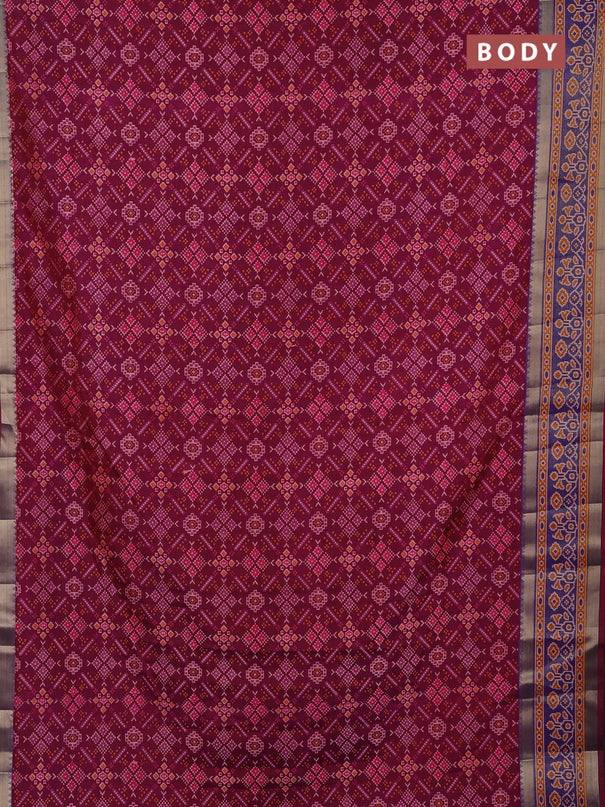 Semi tussar saree deep wine and blue with allover ikat prints and ikat zari woven border
