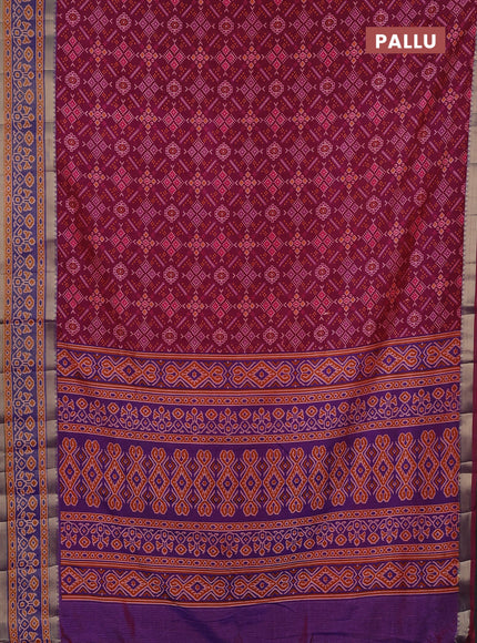 Semi tussar saree deep wine and blue with allover ikat prints and ikat zari woven border