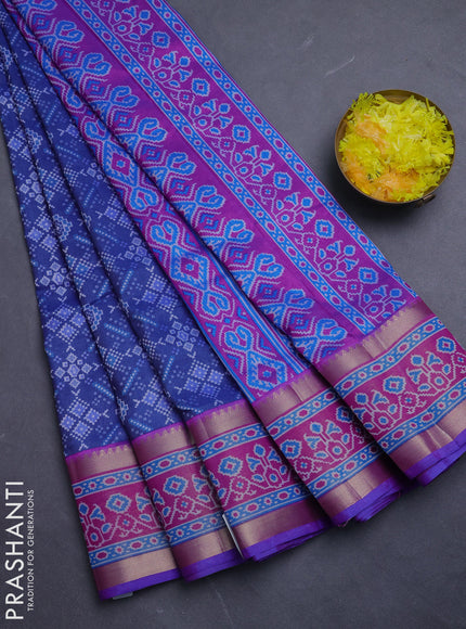 Semi tussar saree navy blue and pink with allover ikat prints and ikat zari woven border
