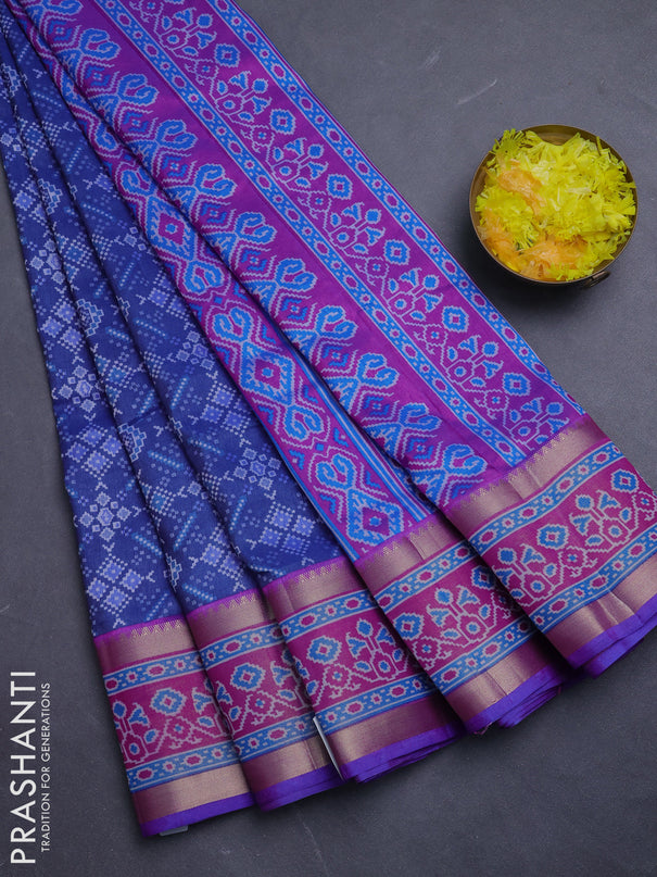 Semi tussar saree navy blue and pink with allover ikat prints and ikat zari woven border