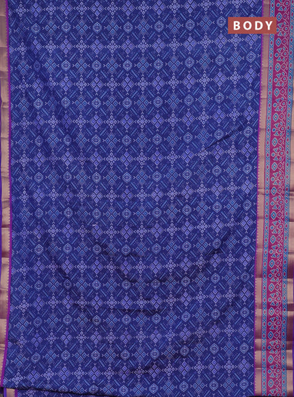 Semi tussar saree navy blue and pink with allover ikat prints and ikat zari woven border