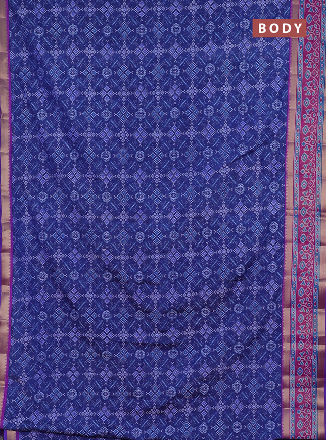 Semi tussar saree navy blue and pink with allover ikat prints and ikat zari woven border