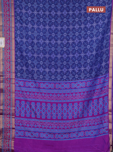 Semi tussar saree navy blue and pink with allover ikat prints and ikat zari woven border
