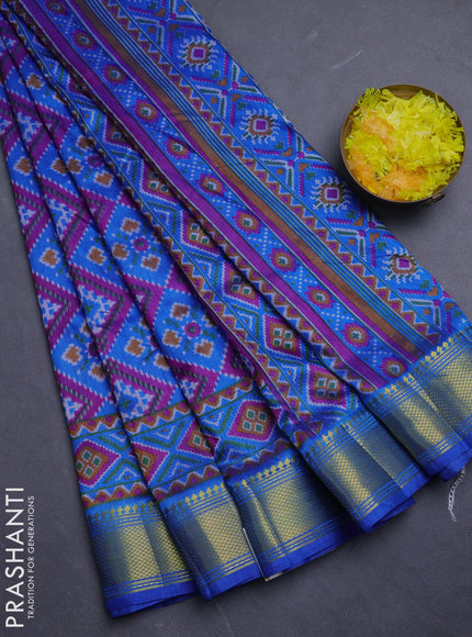 Semi tussar saree blue and dark pink with allover ikat prints and zari woven border