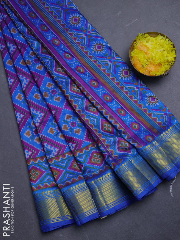 Semi tussar saree blue and dark pink with allover ikat prints and zari woven border