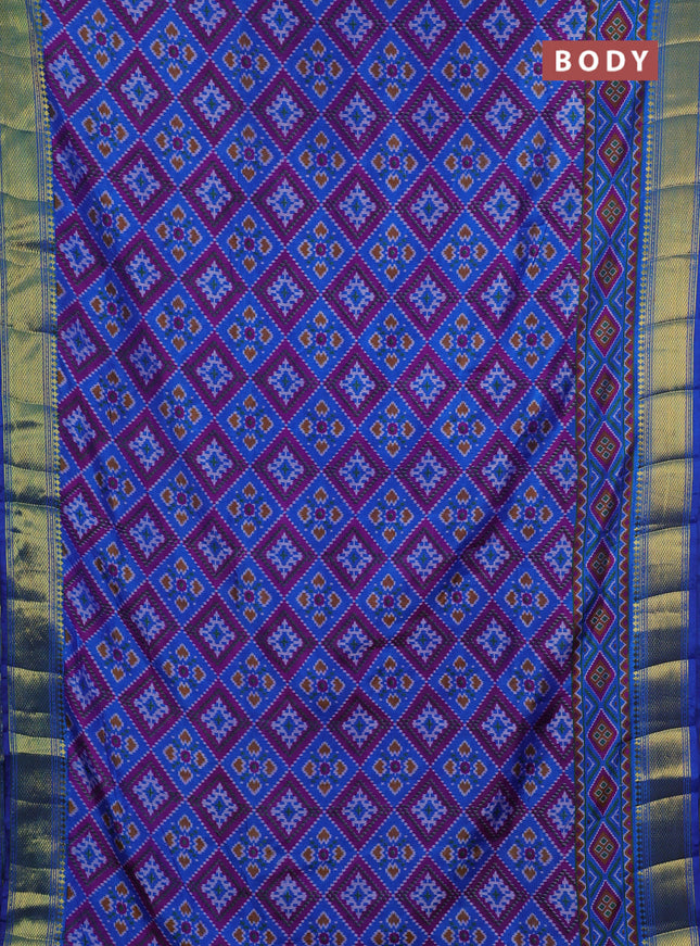 Semi tussar saree blue and dark pink with allover ikat prints and zari woven border