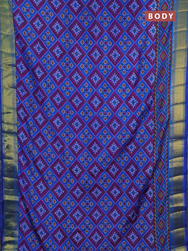 Semi tussar saree blue and dark pink with allover ikat prints and zari woven border