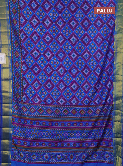 Semi tussar saree blue and dark pink with allover ikat prints and zari woven border