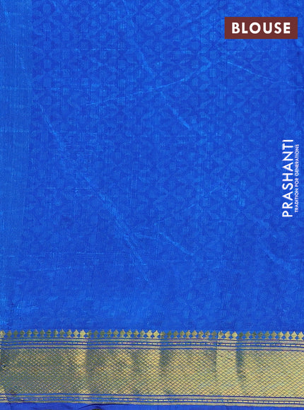 Semi tussar saree blue and dark pink with allover ikat prints and zari woven border