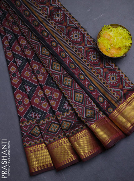 Semi tussar saree bottle green and deep maroon with allover ikat prints and zari woven border