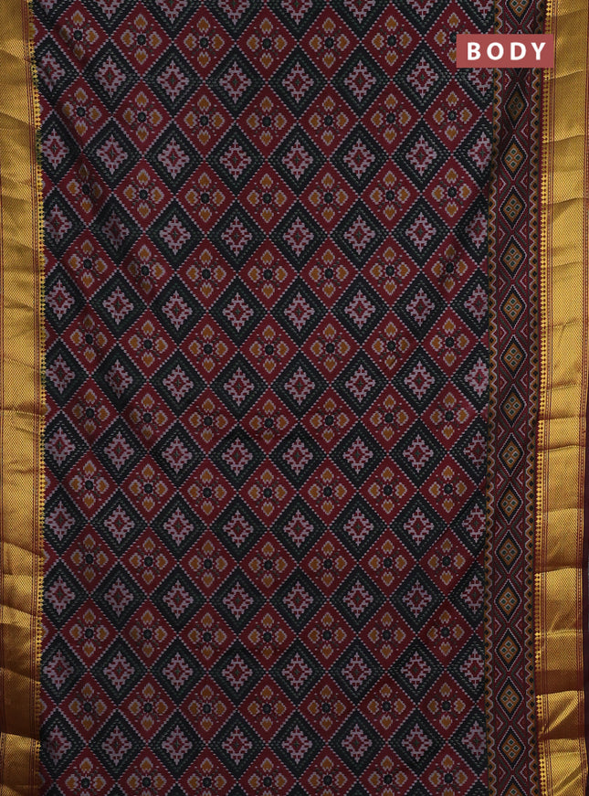 Semi tussar saree bottle green and deep maroon with allover ikat prints and zari woven border