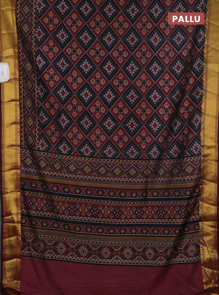 Semi tussar saree bottle green and deep maroon with allover ikat prints and zari woven border