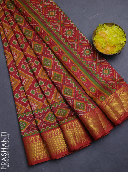 Semi tussar saree maroon and mustard yellow with allover ikat prints and zari woven border