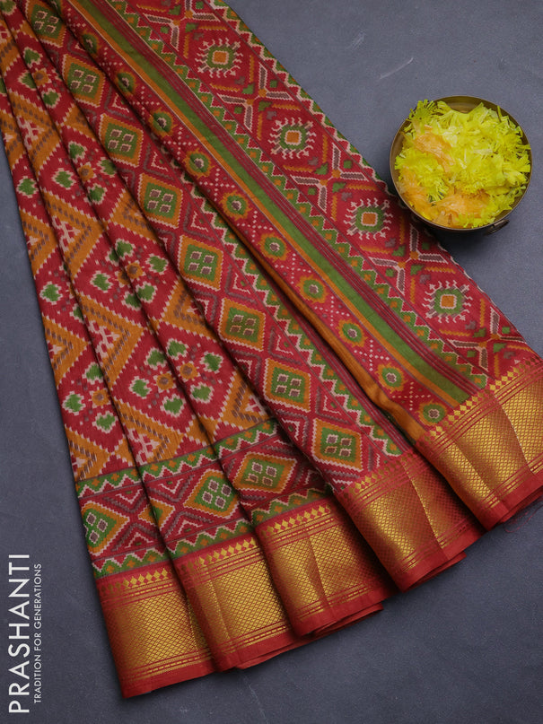 Semi tussar saree maroon and mustard yellow with allover ikat prints and zari woven border