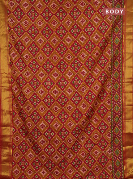 Semi tussar saree maroon and mustard yellow with allover ikat prints and zari woven border