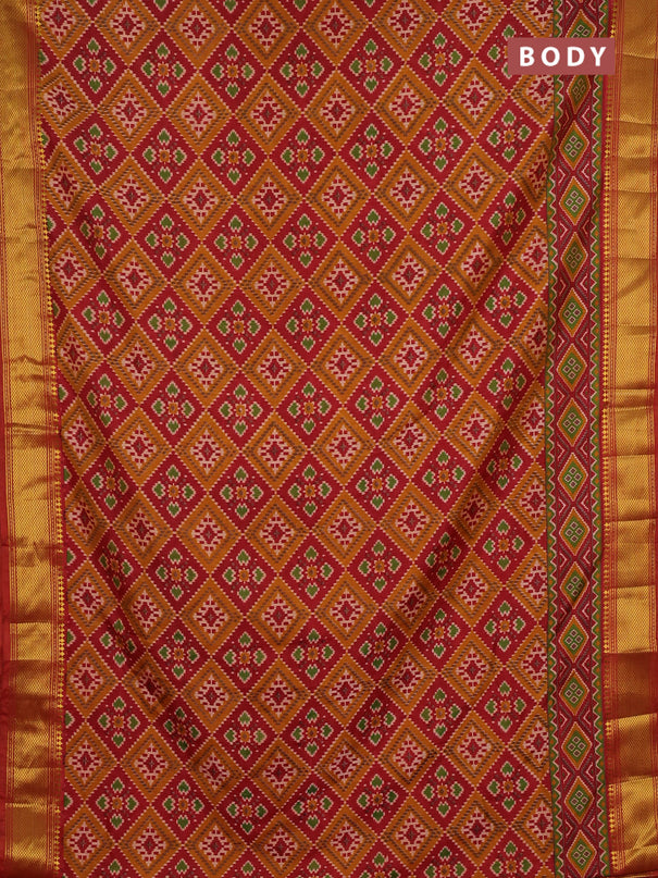 Semi tussar saree maroon and mustard yellow with allover ikat prints and zari woven border