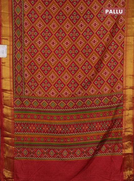 Semi tussar saree maroon and mustard yellow with allover ikat prints and zari woven border