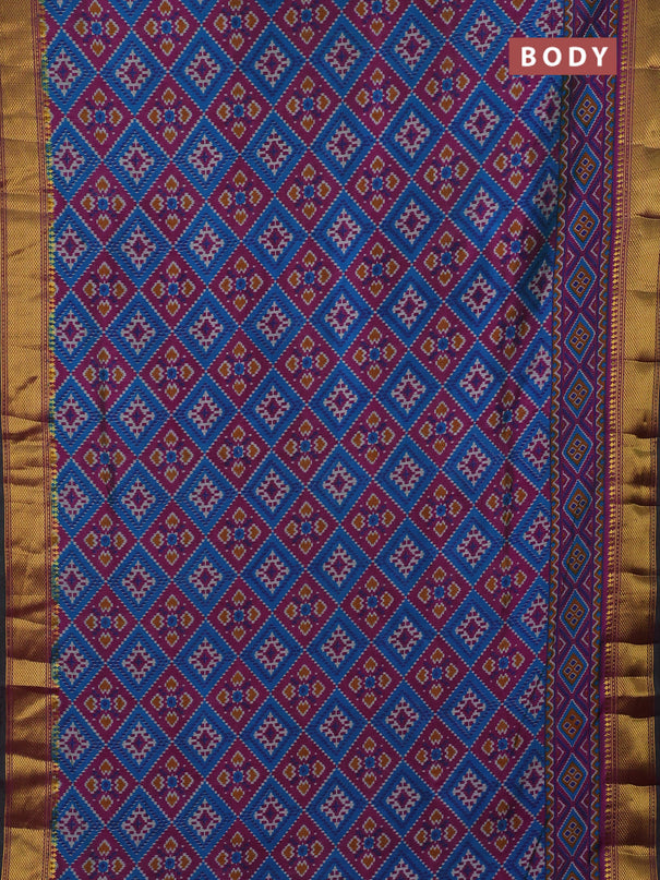 Semi tussar saree dual shade of bluish green and purple with allover ikat prints and zari woven border