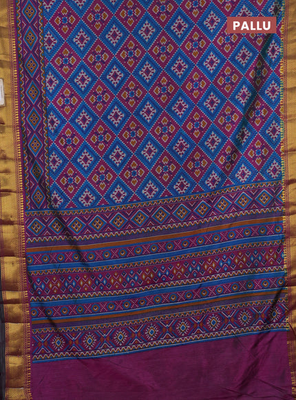 Semi tussar saree dual shade of bluish green and purple with allover ikat prints and zari woven border