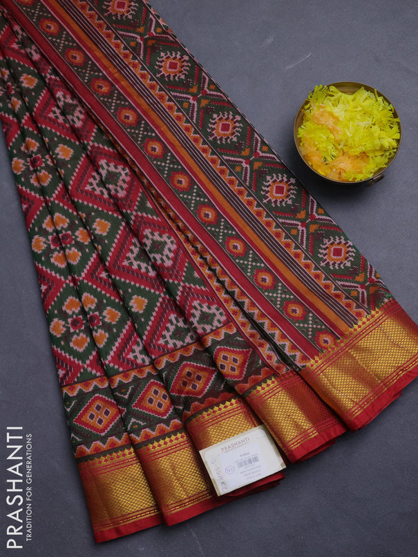 Semi tussar saree dark green and maroon with allover ikat prints and zari woven border