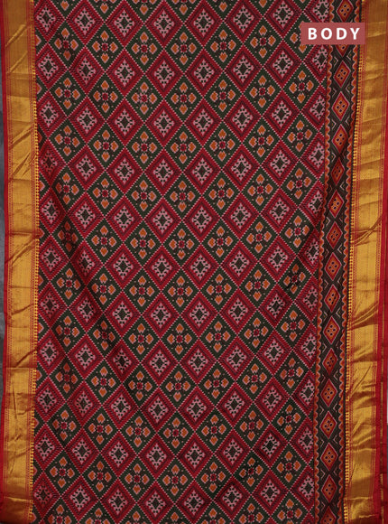 Semi tussar saree dark green and maroon with allover ikat prints and zari woven border