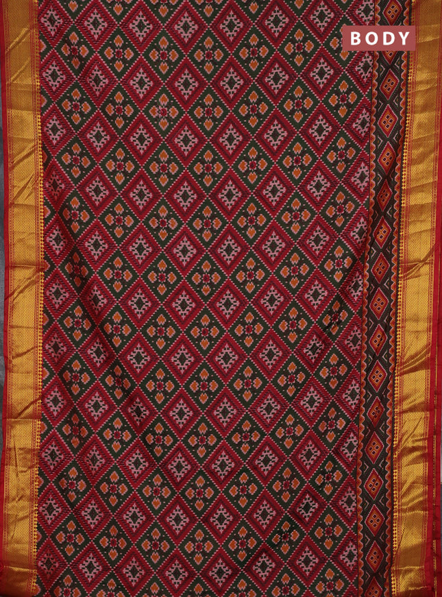 Semi tussar saree dark green and maroon with allover ikat prints and zari woven border