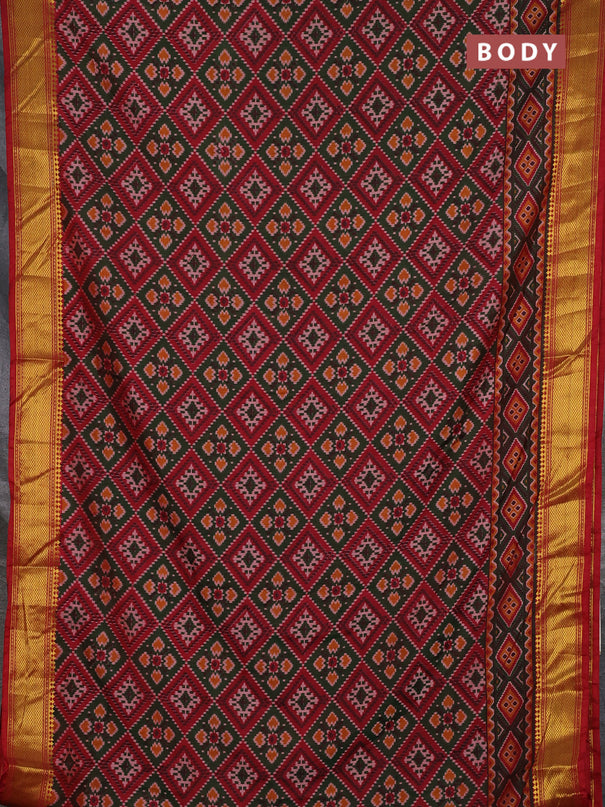 Semi tussar saree dark green and maroon with allover ikat prints and zari woven border
